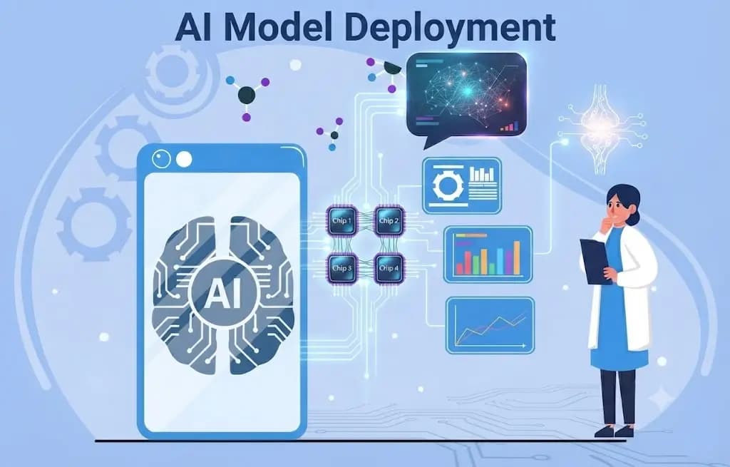 AI model deployment illustration: a trained model moving from a device through serving chips to live analytics, with an engineer reviewing the production system