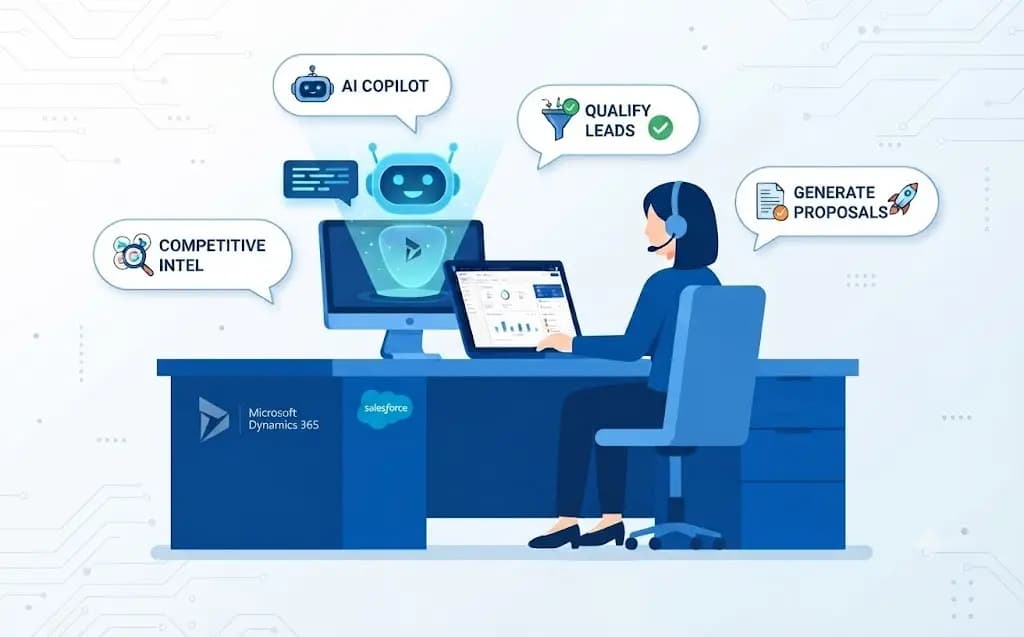 AI sales assistant illustration: a sales rep at a CRM dashboard with Salesforce and Dynamics 365, plus copilot callouts for qualifying leads and generating proposals