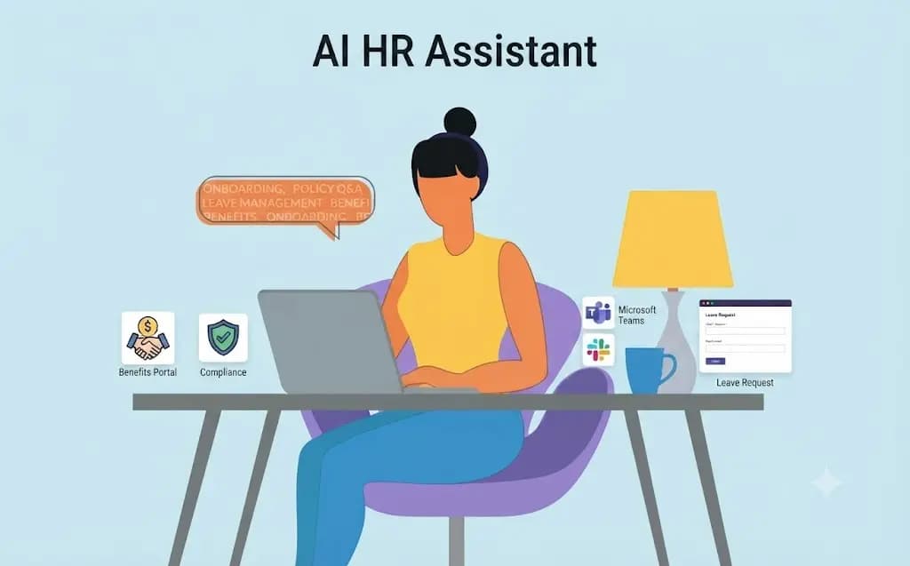 AI HR assistant illustration: an employee at a laptop with onboarding, policy Q&A, leave requests, and benefits in Slack and Teams