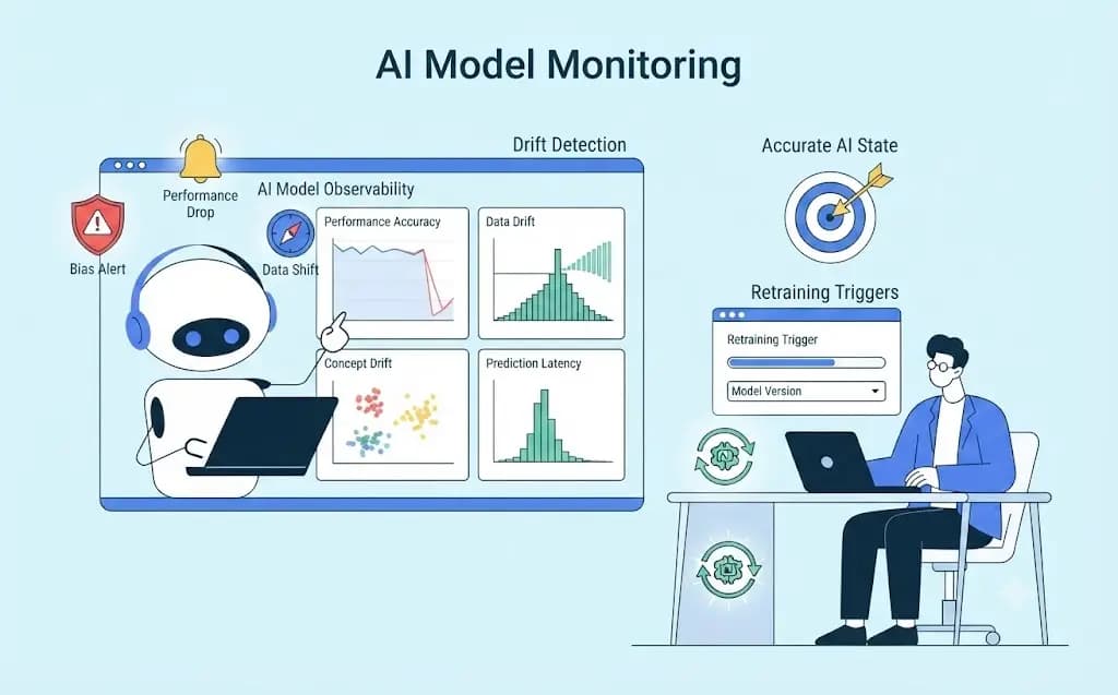 AI model monitoring illustration: an observability dashboard for drift detection, accuracy, latency, bias alerts, and retraining triggers