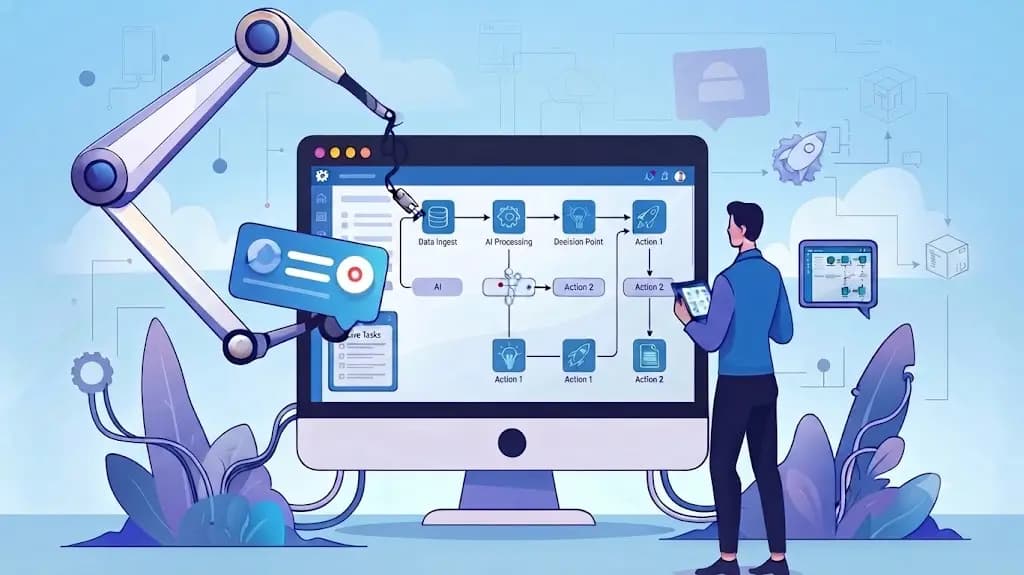 AI workflow automation illustration: a live-tasks flowchart from data ingest through AI processing and decision points, with an operator monitoring on a tablet