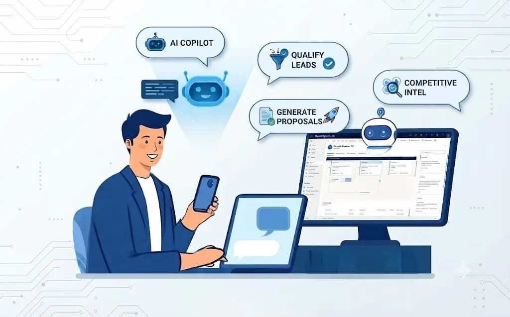 Enterprise chatbots illustration: a professional using phone and laptop chat beside a dashboard with an AI copilot robot