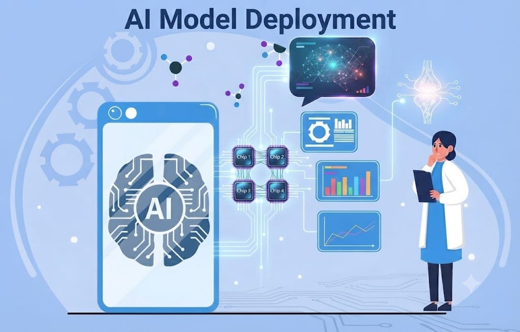 AI model deployment shown as a phone labeled AI connected through four serving chips to live monitoring charts, with an engineer reviewing the production rollout.